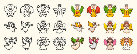 Christmas angel icon set featuring wings, halos, and festive elements. Perfect for holiday designs, greeting cards, and decorations. This collection combines religious and fantasy themes with a cute, flat graphic style.のイラスト素材
