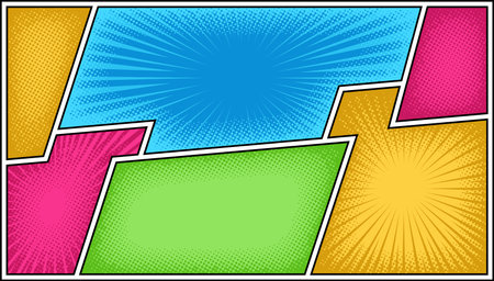 Colorfull comic cartoon panel background template with rays and halftone effect. Blank template illustration.のイラスト素材