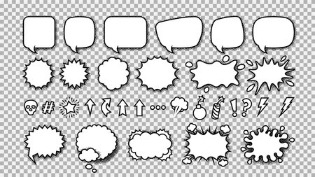 Empty comic speech bubbles set with black halftone shadows. Retro vintage design, pop art style.のイラスト素材