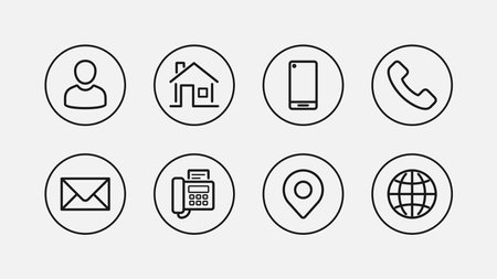 Contact Business Button Line Icon Set. Phone, name, mail, address, fax, location, website icons.のイラスト素材