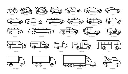 Variations types of transportation line icons. Vehicles elements for web and application include scooter, sedan, convertible and truck.のイラスト素材