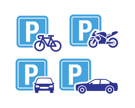 Parking Sign For Vehicles Icon Sign. Car, motorcyle, bicycle parking area simbol.のイラスト素材