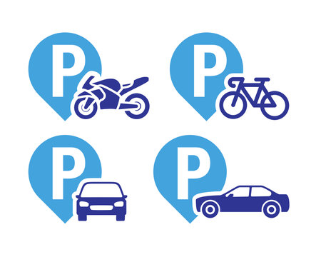 Pin Location Of Parking For Vehicles Icon Sign.  Car, motorcyle, bicycle parking area simbol.のイラスト素材
