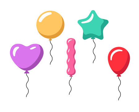 Balloons icon set. Colorful balloons in various colors and shape in a fun cartoon flat style.のイラスト素材