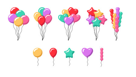 Balloons icon set. Colorful balloons in various colors, perfect for celebrating carnivals, holidays, birthdays, and parties in a fun cartoon flat style.のイラスト素材