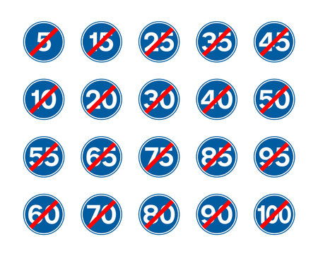 Collection set of the end of minimum speed limit signs - white number on blue circleのイラスト素材