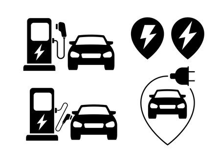 Electric car with plug icon symbol. EV car Green hybrid vehicles charging point illustration.のイラスト素材