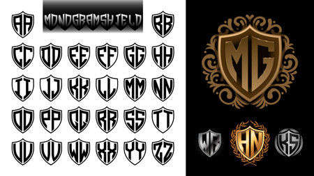Shield Monograms Letter with 2 Alphabet Font Vectorのイラスト素材