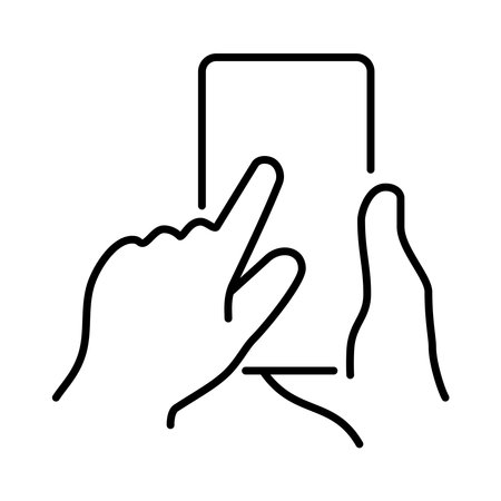 Minimalist line style vector illustration of hands holding smartphone. Clean black outline mobile phone symbol perfect for app interfaces website designs and digital projects. Scalable vector formatのイラスト素材