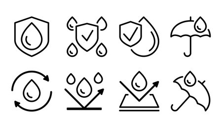Flat style waterproof icon set featuring water drop shield and dust protection symbols Simple black vector illustrations for apps websites and UI designs Clean modern water resistant signs for digital projectsのイラスト素材