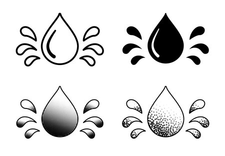 Minimalist line style water drops icon set featuring water oil and splash symbols Simple black vector illustrations for apps websites and digital projects Clean scalable design for UI useのイラスト素材