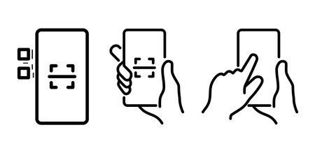 Modern line style QR code scanning icons featuring hand holding phone and barcode scanner symbols Simple vector illustrations for payment systems websites and mobile apps Clean scalable digital design&#xD;&#xA;&#xD;&#xA;のイラスト素材