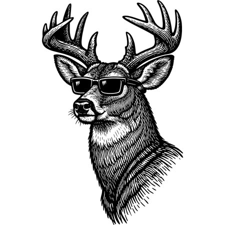 Detailed vector illustration of a deer buck with large antlers wearing sunglasses. Vintage woodcut style for hunting clubs, wildlife apparel, and rustic outdoor lifestyle branding.のイラスト素材
