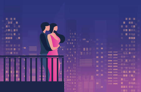 Loving couple embracing at balcony   on cityscape night time vector illustration. Happy valentine's day, marriage, wedding and love conceptのイラスト素材