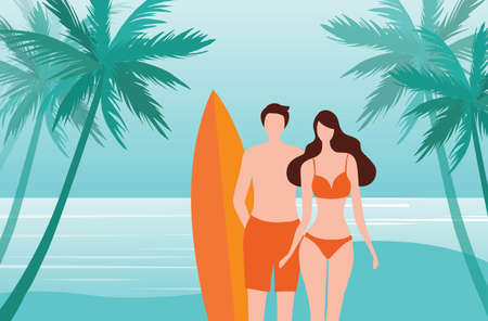 Loving couple on the beach vector illustration. Love, romance, honeymoon, vacation, holidays conceptのイラスト素材
