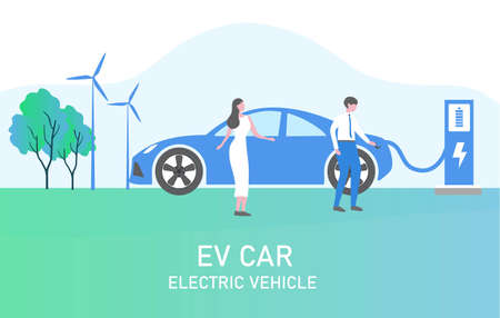 Electric car, EV car, woman charging battery at electric charging station with solar panel and wind turbines. Sustainable green energy for ecology environment. Futuristic transportのイラスト素材