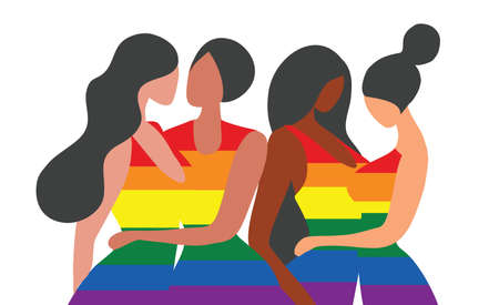 LGBTQ family transgender couple in rainbow color flag vector illustration