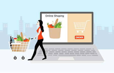 Online shopping grocery concept, beautiful woman order grocery from laptop isolated vector illustration. Online shopping, digital payment, technology service business serviceのイラスト素材