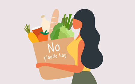 Woman holding shopping cloth bags with wording "No plastic bag" concept vector illustrationのイラスト素材