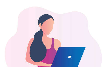 Woman working online and drinking coffee at home vector illustration. Work from home, working online, freelance  and new normal conceptのイラスト素材