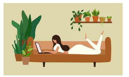 Woman working online and drinking coffee at home vector illustration. Work from home, working online, freelance  and new normal conceptのイラスト素材