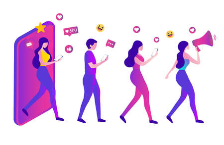 woman shouting in loud speaker with social media icons. Influencer social media marketing, blogger,...