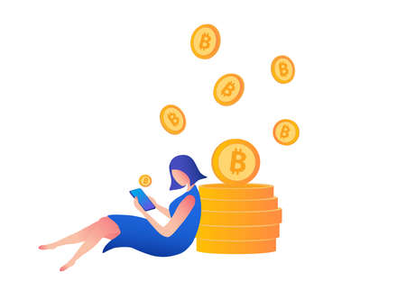 Cryptocurrency and blockchain concept, man buy and sell bitcoins on smartphone, financial and investment in digital asset,   vector illustrationのイラスト素材