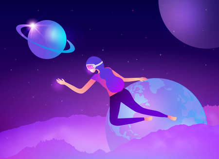 Woman skydiver flies in the space with planets. Vector illustrationの写真素材