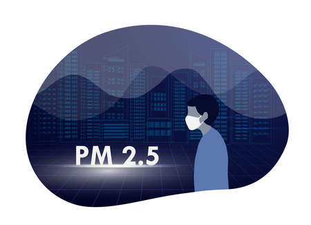 Man wearing protective mask with city buildings and smoke dusts floating in the air.  PM2.5...