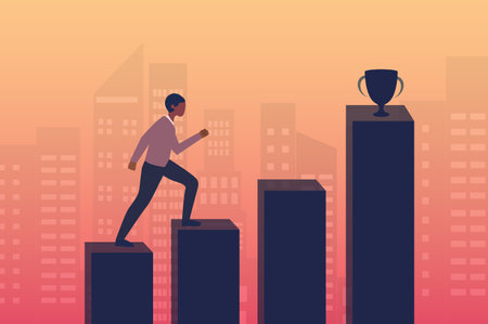 Businessman jumping on growth graph. Success and achievement in business career, step to success vector illustrationのイラスト素材
