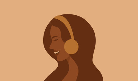 <p>&nbsp;Beautiful African American woman listening on headphones. Social media player application, music therapy, music lover and entertainment vector illustration</p>のイラスト素材