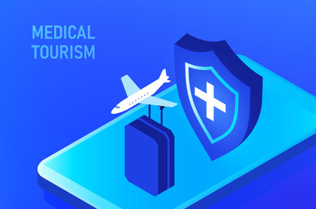 Medical tourism -medical insurance concept, woman in the airport going to travel abroad for medical treatment , medical tourism vector illustrationのイラスト素材