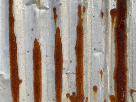 rusty corrugated iron sheet with rust and flaky paintの写真素材
