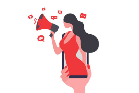Woman shouting in loud speaker with social media icons. Influencer social media marketing, vlogger, youtuber, social influencer and influencer marketing concept vector illustrationのイラスト素材