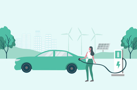 Electric car, EV car, woman charging battery at electric charging station with solar panel and wind turbines. Sustainable green energy for ecology environment. Futuristic transportのイラスト素材