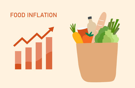 Food inflation and crisis, woman with grocery shopping cart and rising up arrow graph vector illustration. Food inflation, food price increase from economic recessionのイラスト素材