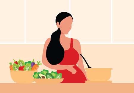 Pregnant woman eating healthy food vector illustration. Mother care conceptのイラスト素材