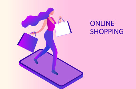 Online shopping concept, woman using mobile ordering shopping vector illustrationのイラスト素材