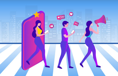 People shouting in loud speaker with social media icons. Influencer social media marketing, blogger, vlogging, social influencer and influencer marketing concept vector illustratioのイラスト素材