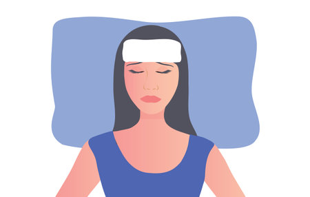 Woman put towel onto forehead to reduce fever. She suffering from sneezing and headache Sickness, allergy, flu and fever conceptのイラスト素材