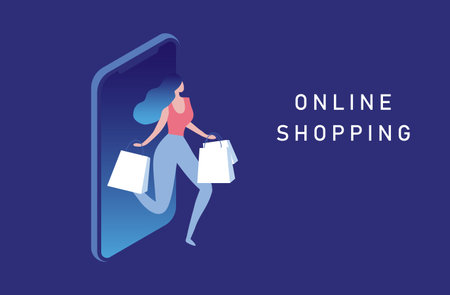 Online shopping concept, woman using mobile ordering shopping vector illustrationのイラスト素材