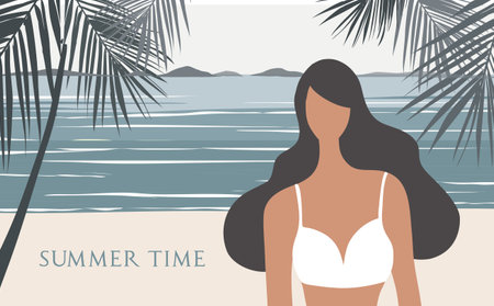 White bikini woman on the beach vector illustration. Summer time concept backgroundのイラスト素材