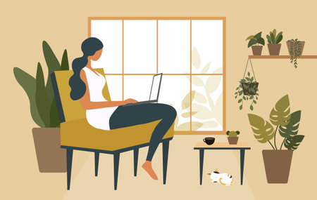 Beautiful woman sitting on sofa working online in home vector illustration. Work from home, working online, freelance and new normal conceptのイラスト素材
