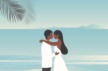 Loving couple in white dress hugging on the beach vector illustration. Love, romance, happy valentine's day and wedding celebration conceptのイラスト素材