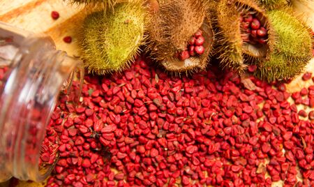 annatto seed red orange condiment and food coloring derived from achiote tree.bixa orellana is used to provide color,flavor and aroma to food.seasoning on table.の写真素材