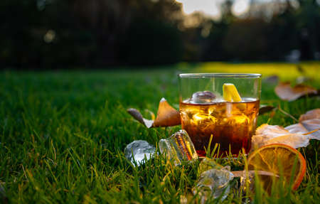 Old-fashioned cocktail in vintage glass on the grass. Subtle backlit sunset lighting. Located on the...