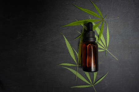 Top view of Cannabis oil bottle and leaves on black chalkboard background.