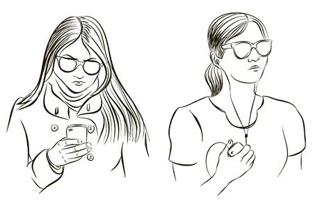 Girl writes message, girl listens to musicのイラスト素材