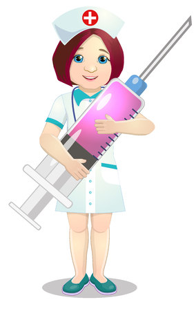 Cheerful nurse with injection syringe. Vector illustrationのイラスト素材