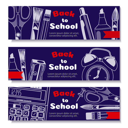 back to school, banner. Templates with supplies tools. Place for your text. Layered realistic 3d, vector.のイラスト素材